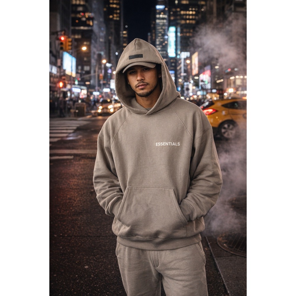Fear of God Essentials‎ Mens Hoodie Taupe Brown Logo Pullover Sweatshirt Small